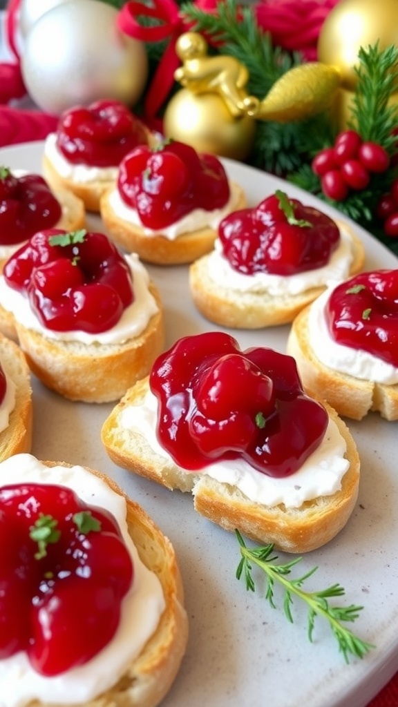 A platter of cranberry crostini with goat cheese and cranberry sauce, garnished with herbs, perfect for holiday celebrations.